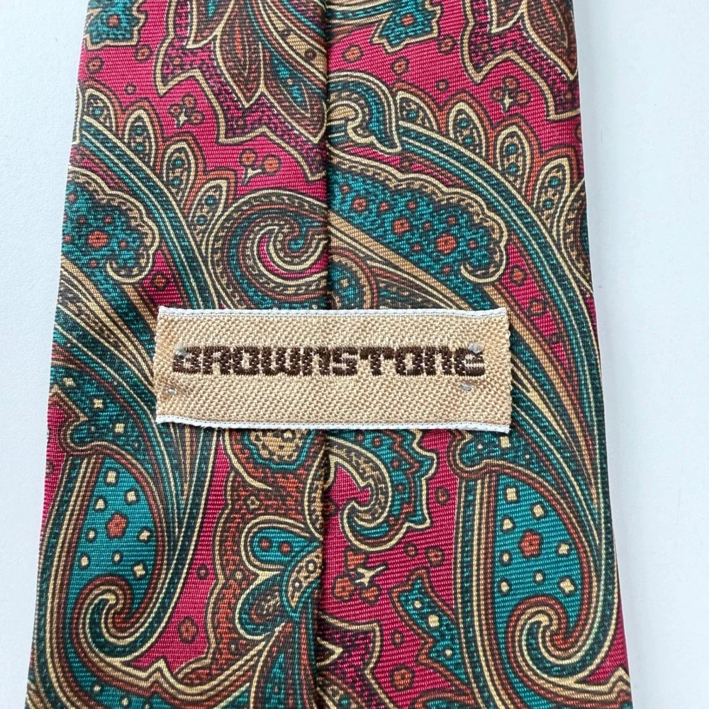 Vintage Brownstone Paisley Maroon Teal Italian Fabric‎ Silk Tie USA